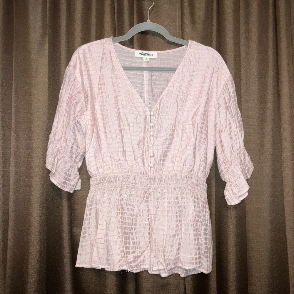 Haptics BoHo Top With Cloth Button and 3/4 Ruffle Sleeves in Pale Pink